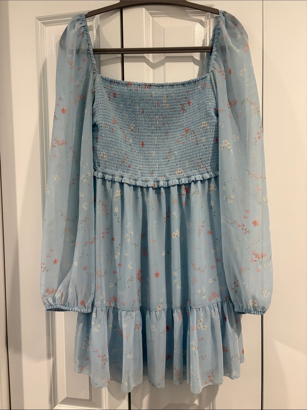 Wilfred Sky-Blue Floral Smocked Mini Dress